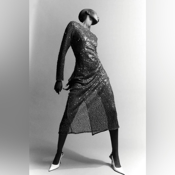 H&M studio premium line sequin net long sleeve midi dress nwt - Picture 4 of 5